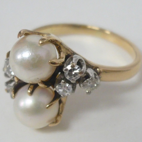Estate 14K Akoya Pearls Diamond Ring Size 6 - Picture 5 of 12